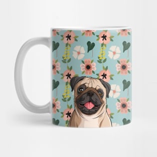 Pug Dog Head with Spring Flower Pattern Background Mug